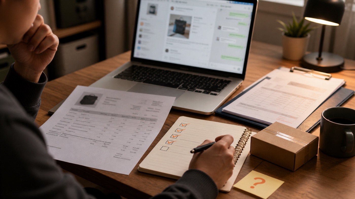 Small ecommerce buyer reviewing supplier quote, invoice, and sample evidence before deciding whether a full China sourcing agent is needed.